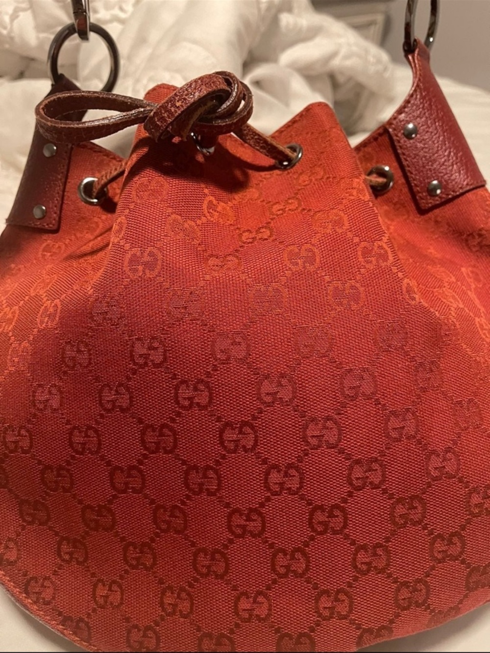 Vintage Gucci Red Monogram Drawstring Shoulder Bag